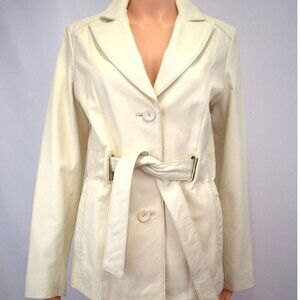 Wilsons Leather Ivory Trench Coat Jacket Women’s Small Belted Blazer Y2K Retro